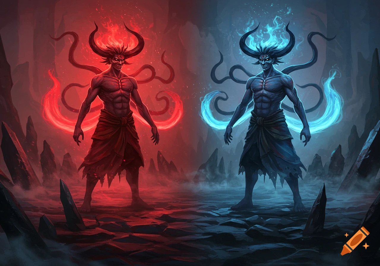 Two muscular horned demon figures, one red with fiery energy and one blue with ice energy, stand in a barren landscape.
