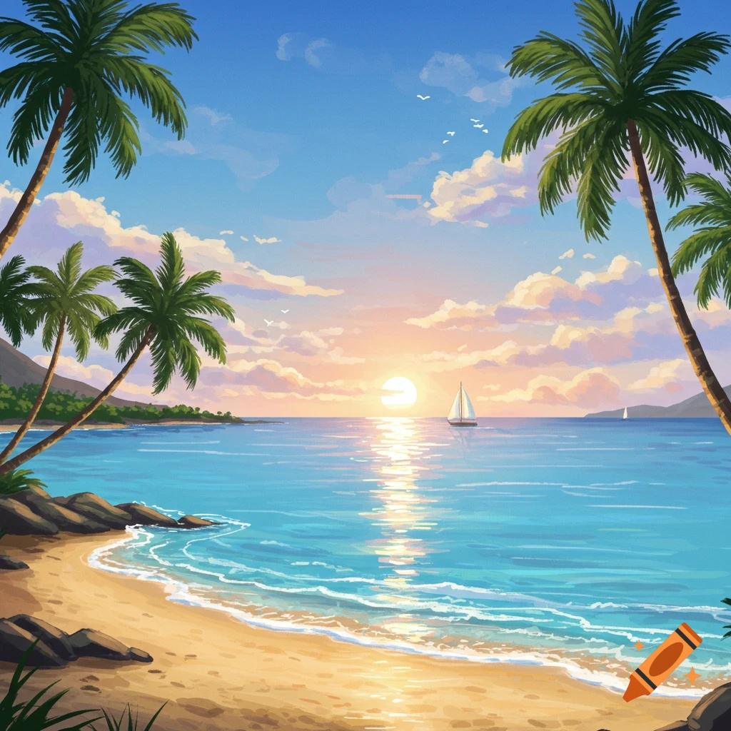 Tropical beach sunset with palm trees, a sandy shore, and a sailboat on the calm ocean under a colorful sky.