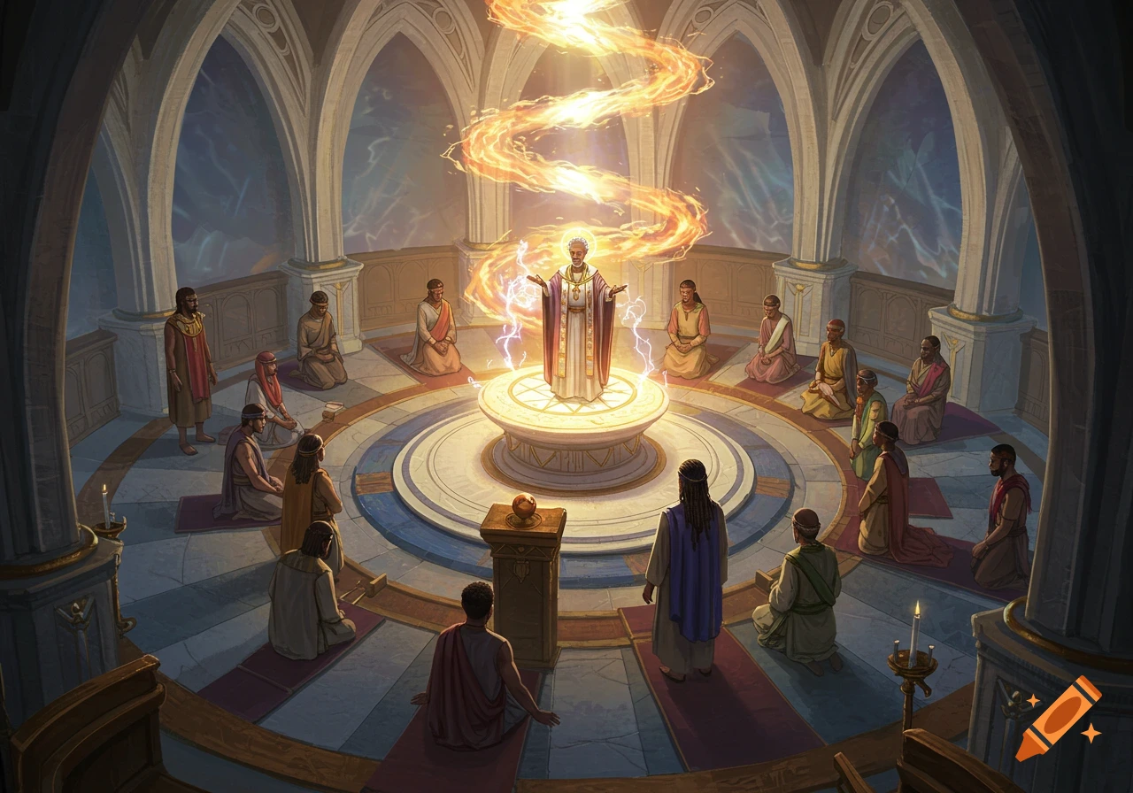 A robed figure performs a magic ritual in an ornate circular chamber, surrounded by kneeling acolytes, with swirling magical energy above.