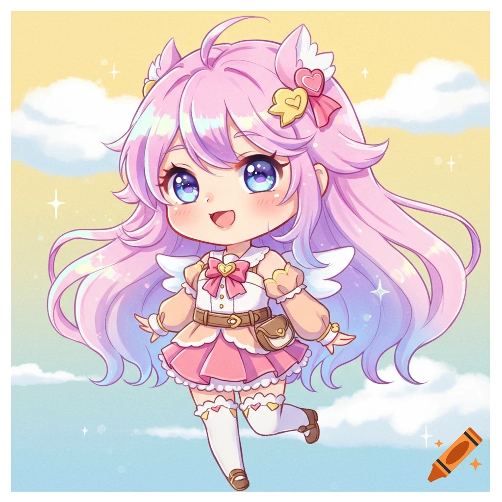 A cute chibi anime girl with long pink and purple hair, blue eyes, small white wings, and a pink and beige outfit floats in a pastel sky.