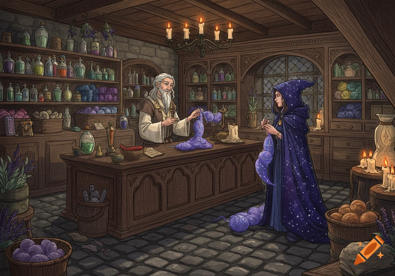 An illustrated scene of an old man, a medieval pharmacist, showing purple yarn to a witch knitting in a cluttered fantasy shop filled with bottles and potions.