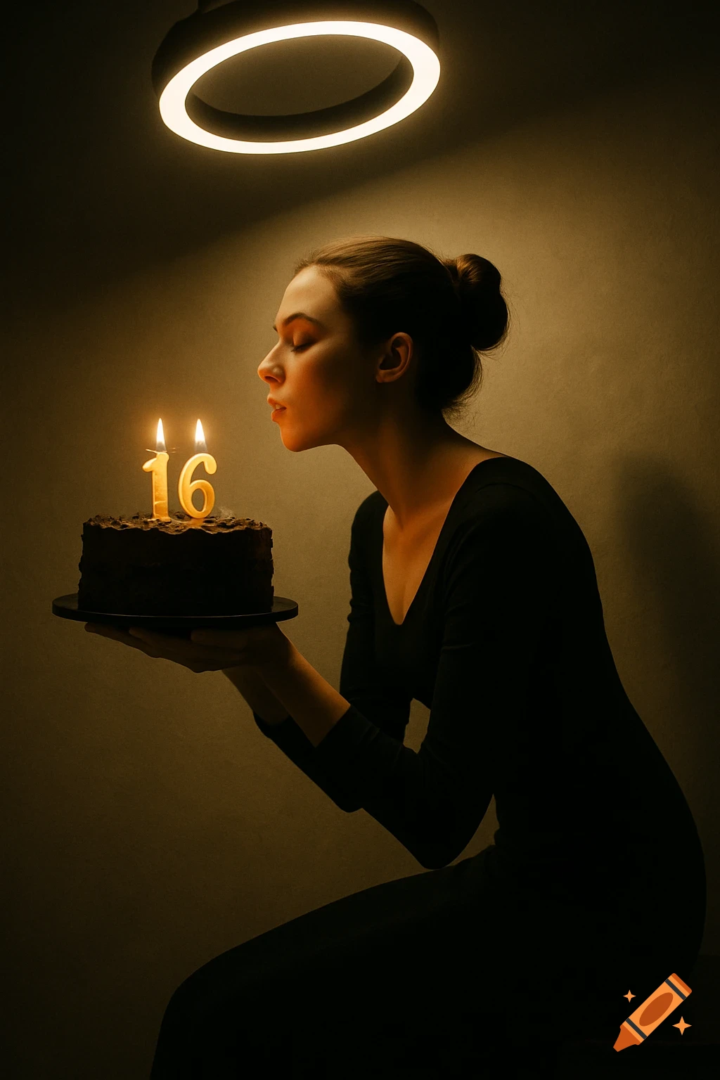 A woman in profile blowing out '16' birthday candles on a chocolate cake, illuminated by dramatic light from above.