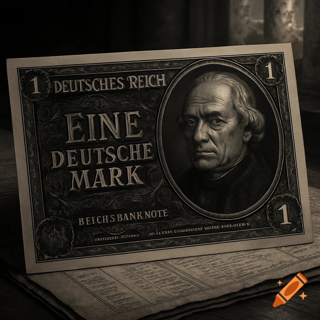 Monochromatic image of an old German banknote with a portrait of a stern-looking man and the text 'Eine Deutsche Mark'.