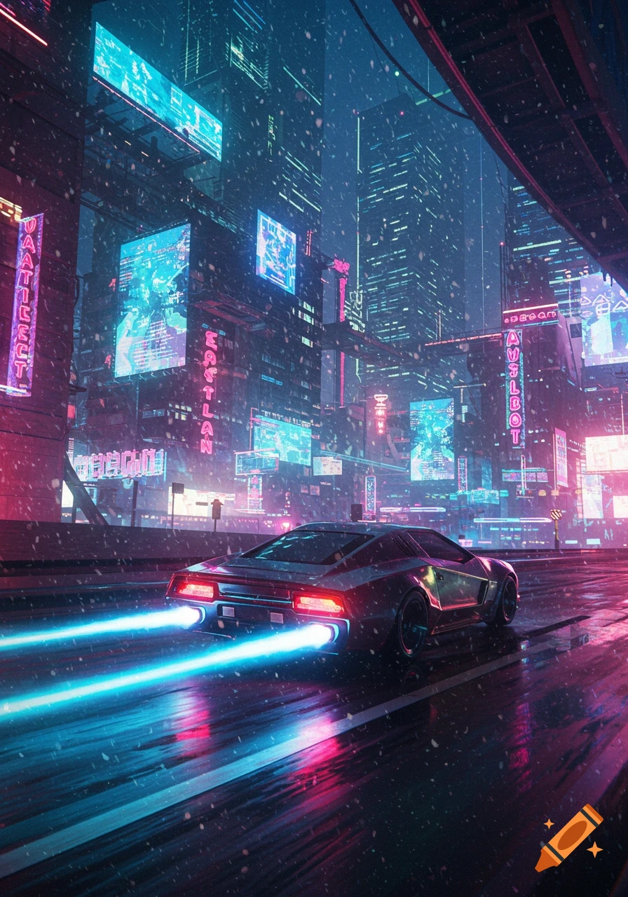 A futuristic car with bright blue exhaust trails speeds down a wet, snowy road in a vibrant, neon-lit cyberpunk city at night.