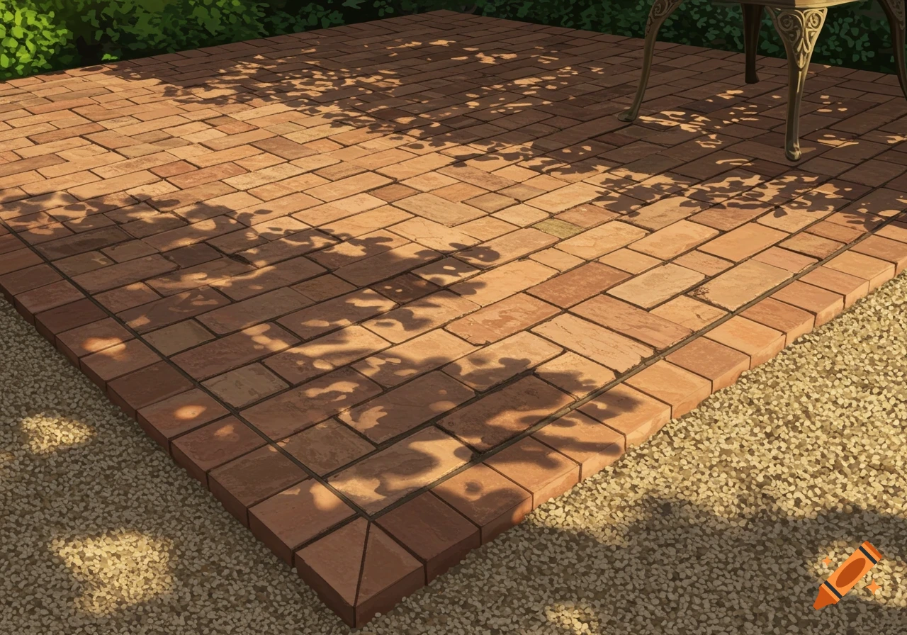 Photorealistic herringbone brick patio edged with pea gravel, dappled in sunlight and shadows from overhead foliage.