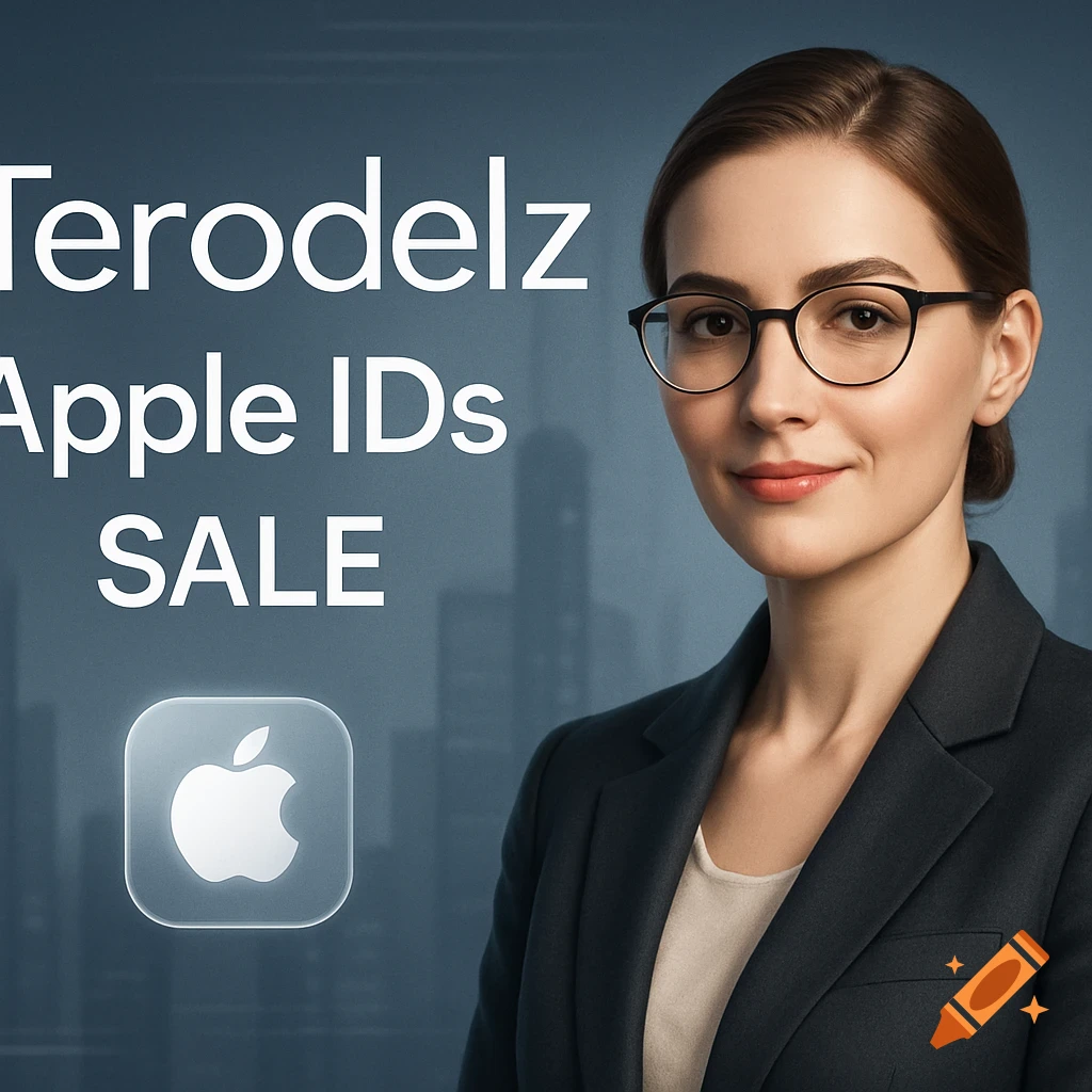 Photorealistic portrait of a professional woman in glasses and a suit, with 'Terodelz Apple IDs SALE' text and an Apple logo against a city skyline.