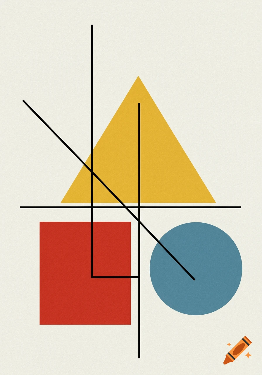 Abstract Bauhaus-style composition with a yellow triangle, red square, blue circle, and black intersecting lines on a textured off-white background.