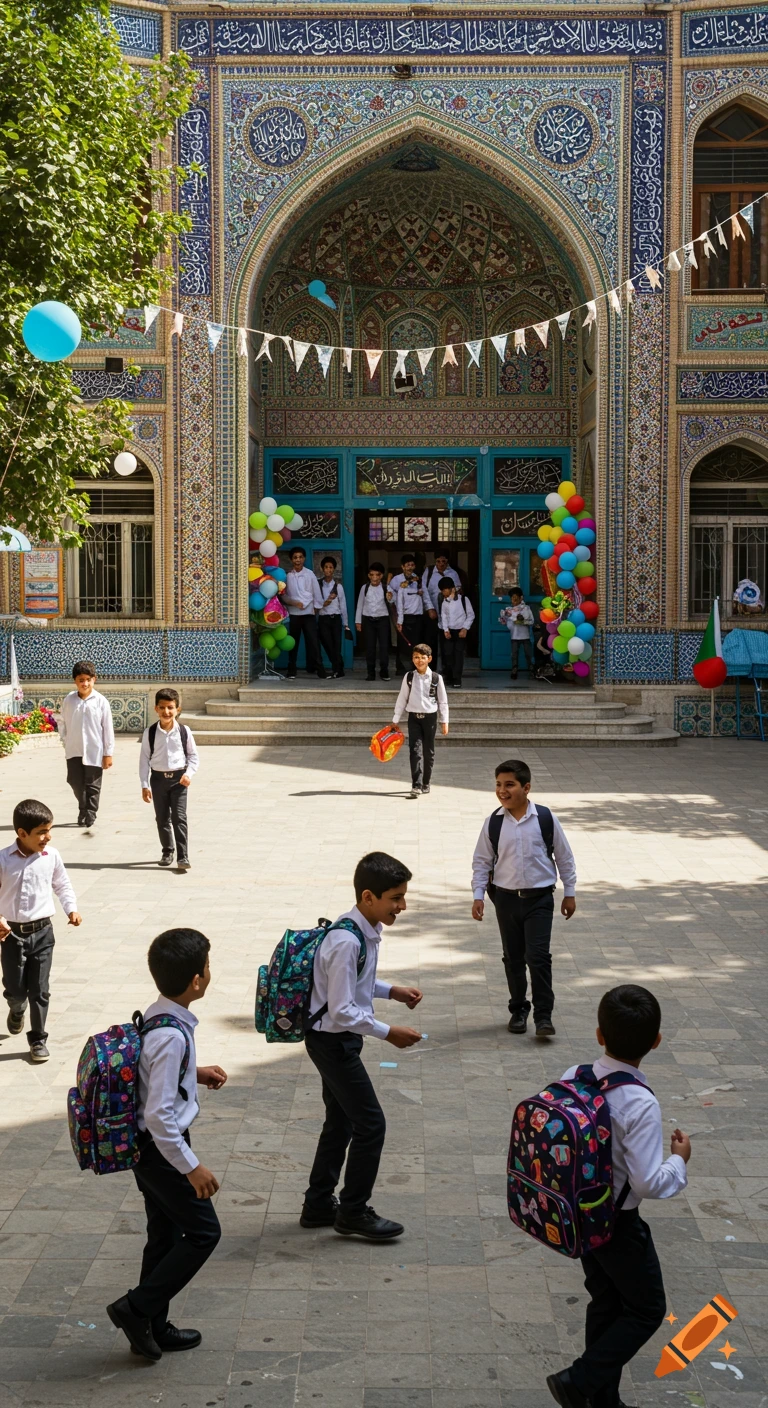 Photorealistic image of cheerful male students in uniform entering a festively decorated Iranian school courtyard.