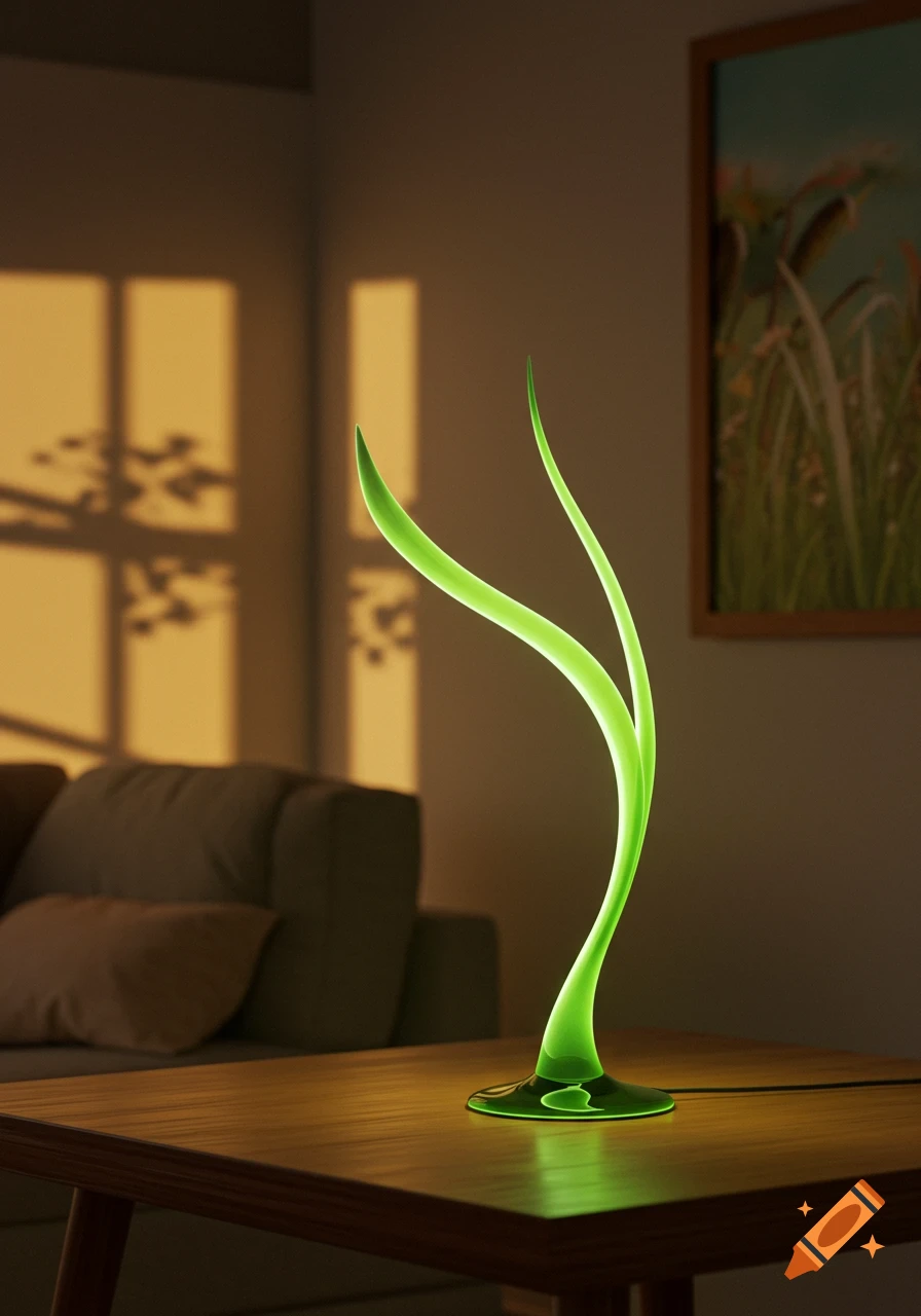 A modern, glowing green table lamp on a wooden table in a dimly lit room, with window shadows on the wall.