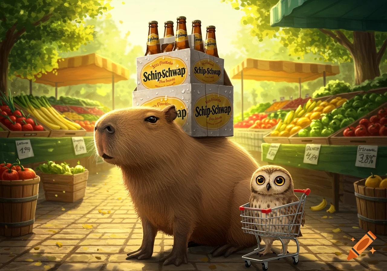 A capybara carries two six-packs of beer on its back while a small owl pushes a shopping cart through a bustling outdoor market.