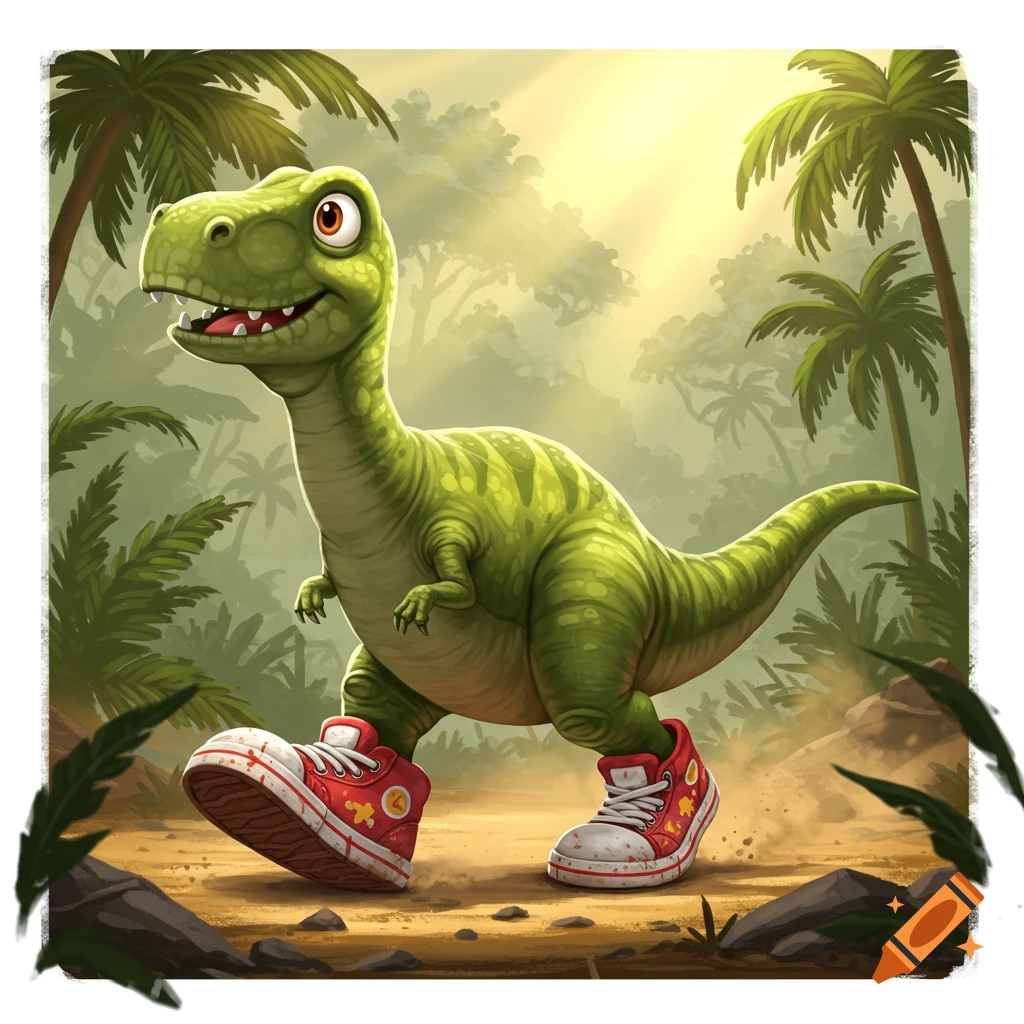 A happy green cartoon T-Rex wearing red sneakers walks through a sunny jungle landscape.