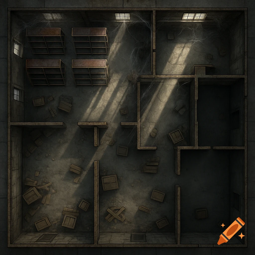 Top-down battlemap of an abandoned, dusty warehouse with multiple rooms, broken boxes, cobwebs, and sunbeams.