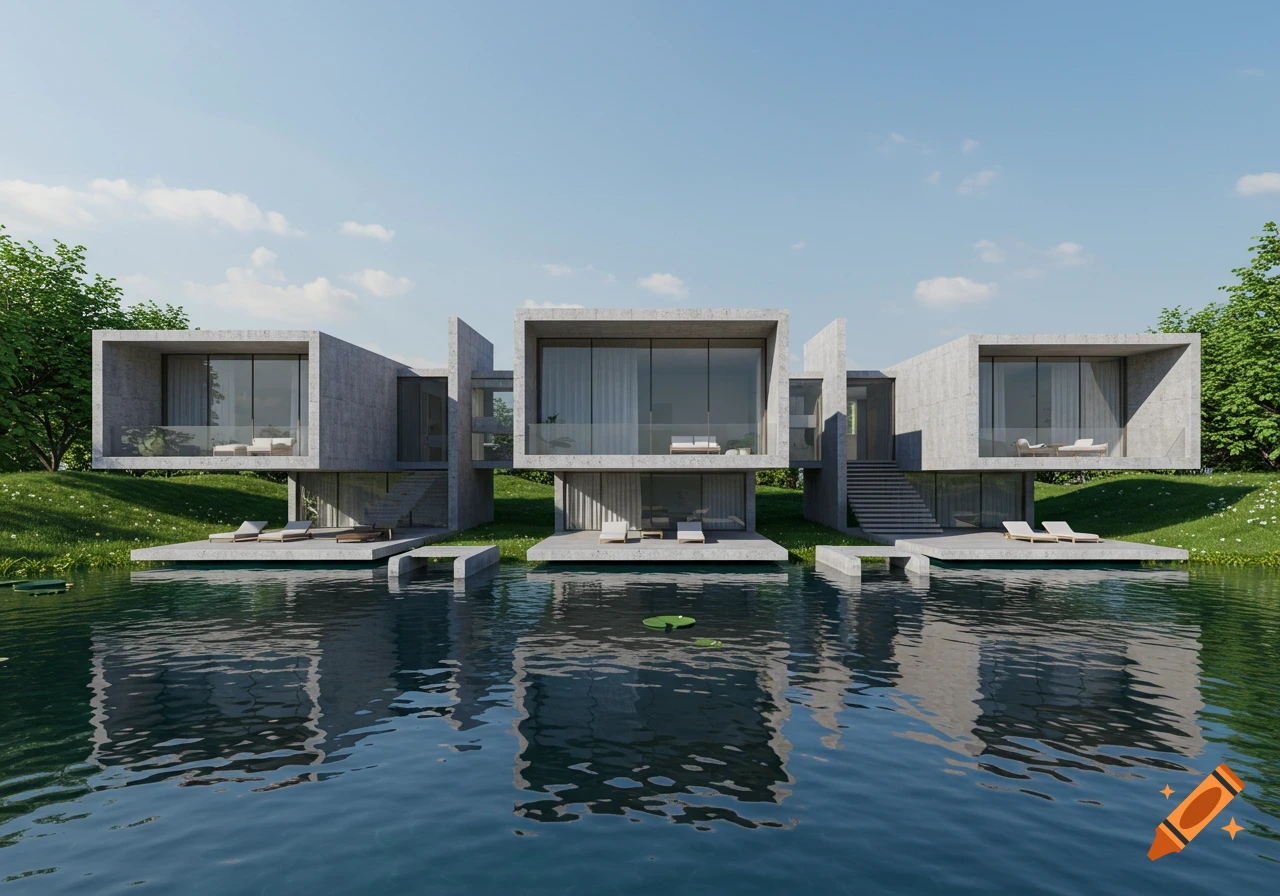 A photorealistic render of three modern concrete villas with glass walls, floating over calm water next to a grassy hill under a clear sky.