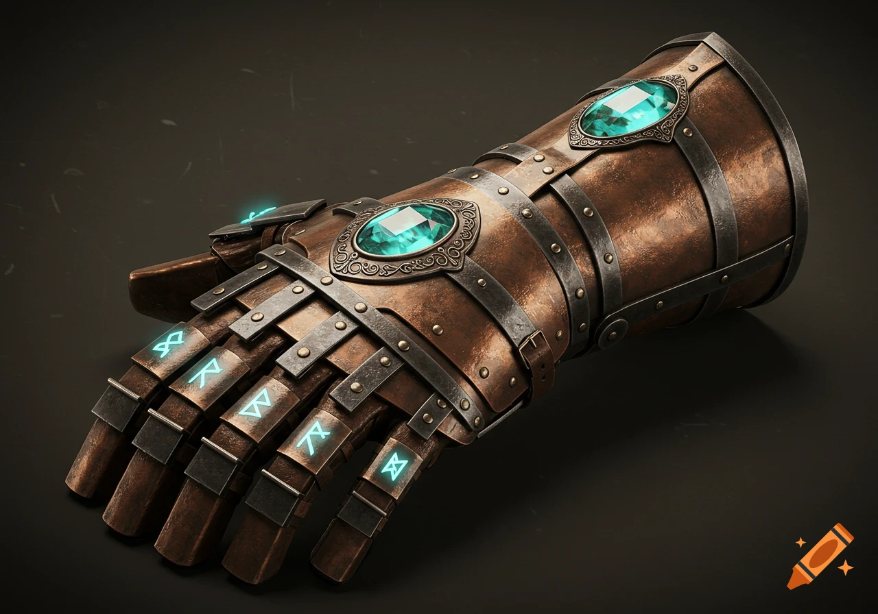 A detailed medieval steampunk gauntlet made of copper and iron, featuring glowing blue runes and a large turquoise crystal.
