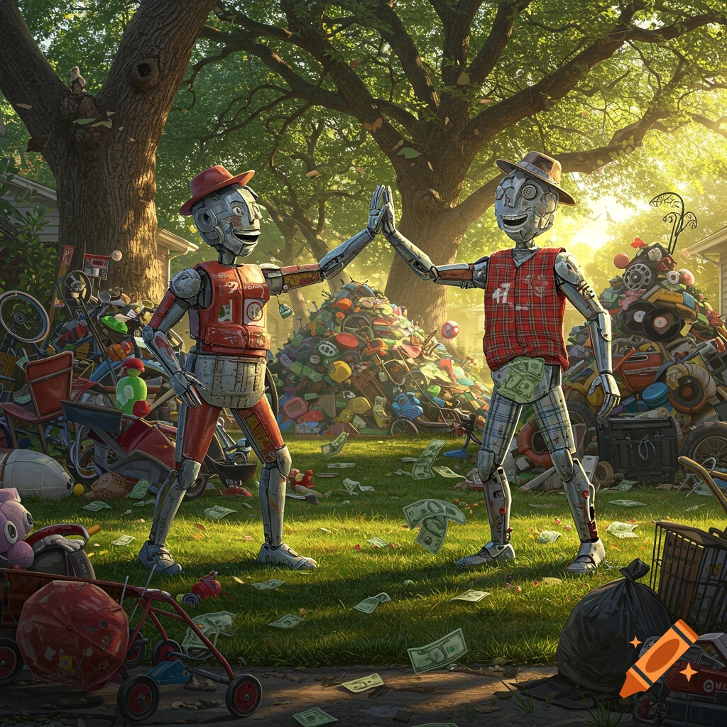 Two anthropomorphic robots, one red and one in plaid, high-five in a cluttered front yard with piles of junk and dollar bills scattered on the grass under a bright sunny sky.