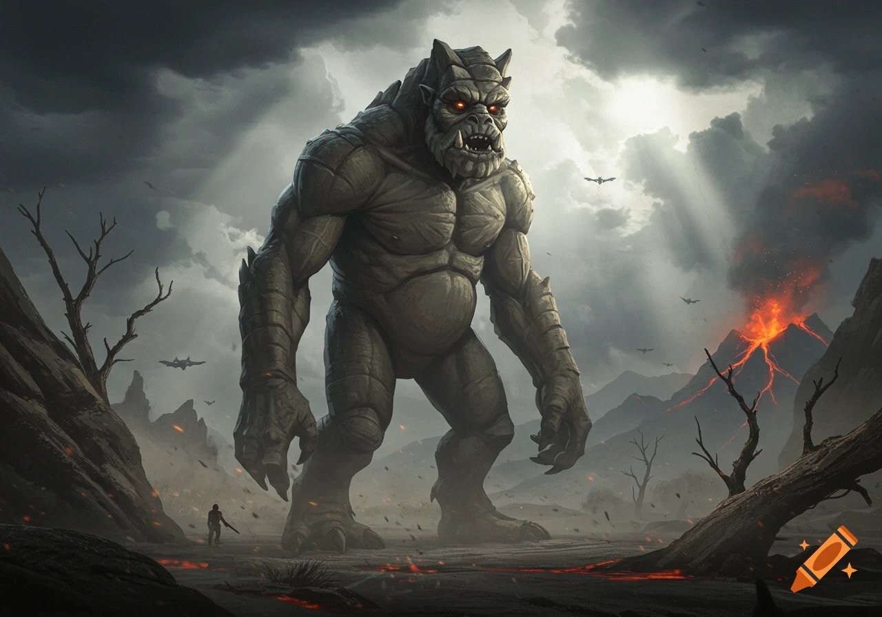 A massive, gray, horned monster with glowing red eyes stands in a volcanic, ash-filled landscape, dwarfing a small human figure below. Dark clouds fill the sky, and lava flows from distant mountains.