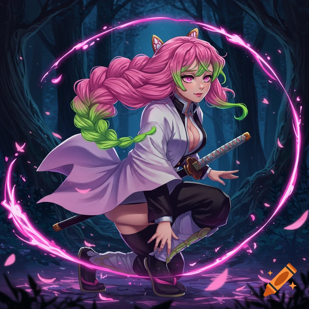 Mitsuri Kanroji from Demon Slayer, with long pink and green braided hair, kneels in a dark forest with vibrant pink energy swirling around her.