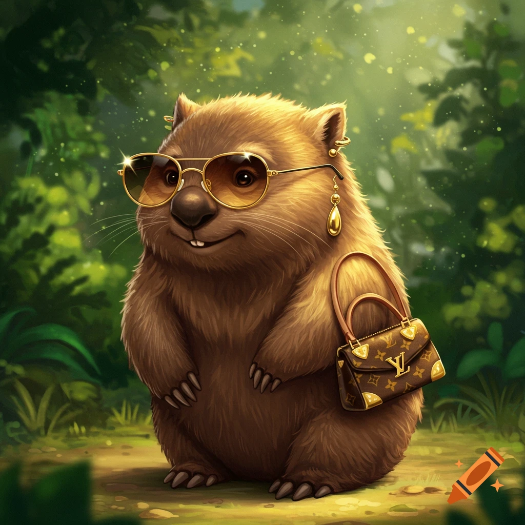 A cute cartoon wombat wearing sunglasses and holding a designer handbag in a forest.