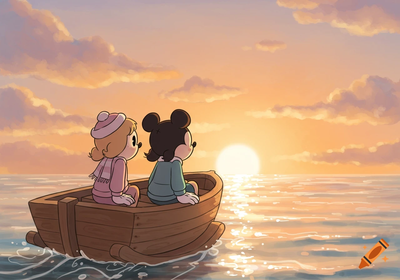 A cartoon of two girls in a boat watching a vibrant orange and pink sunset over a calm sea in a vintage 1930s animation style.