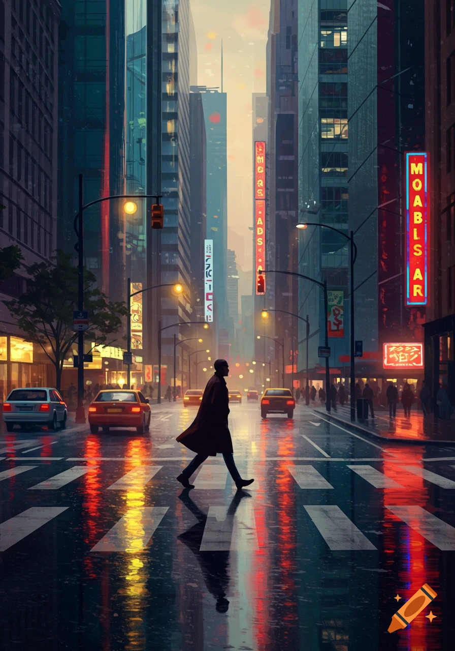 A person walks across a wet crosswalk in a neon-lit city at night, reflecting vibrant lights from surrounding buildings.