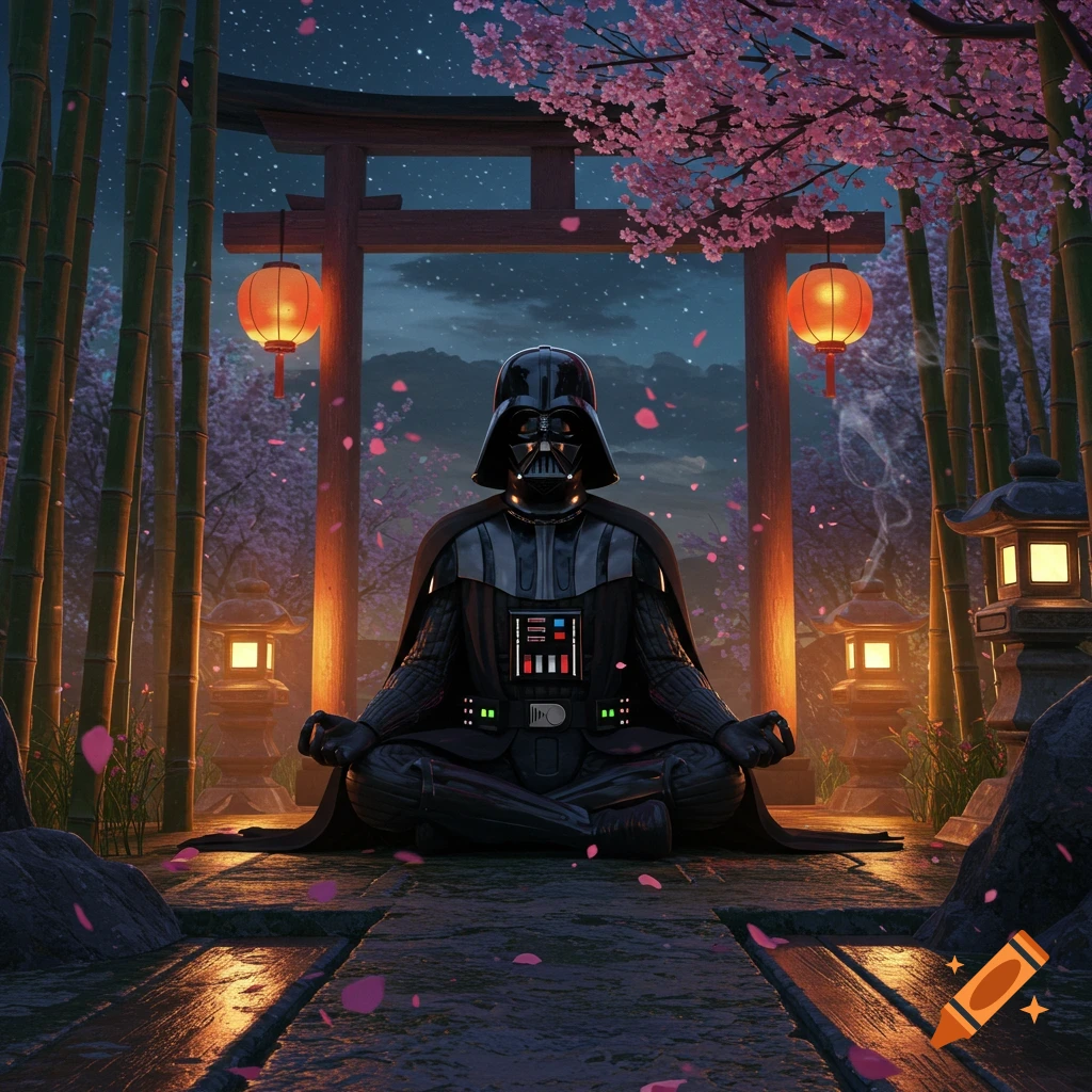 Darth Vader meditates in a Japanese garden with cherry blossoms, bamboo, and glowing lanterns under a starry night.