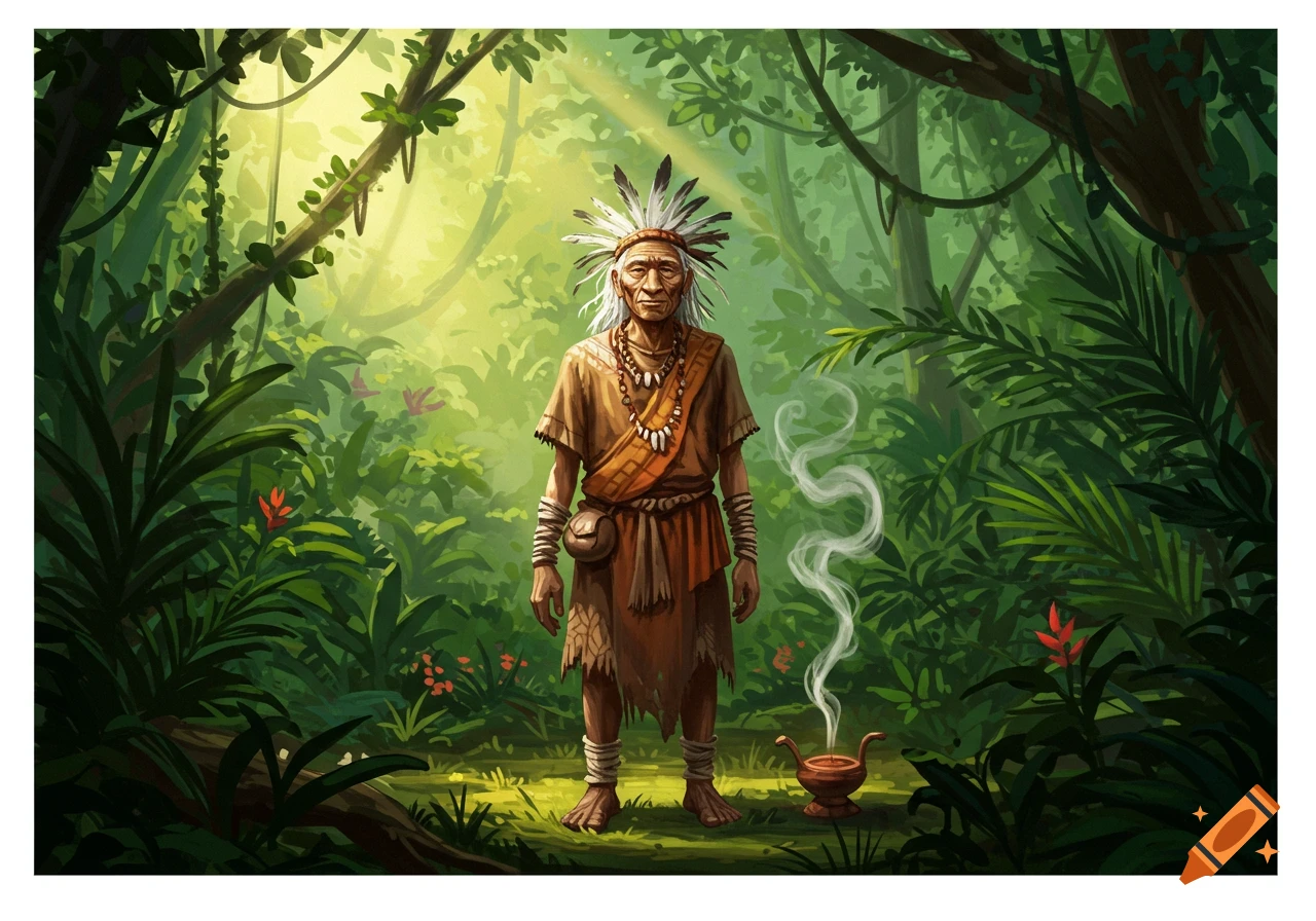 An old shaman with white hair and a feather headdress stands in a sunlit, lush jungle with an incense burner.