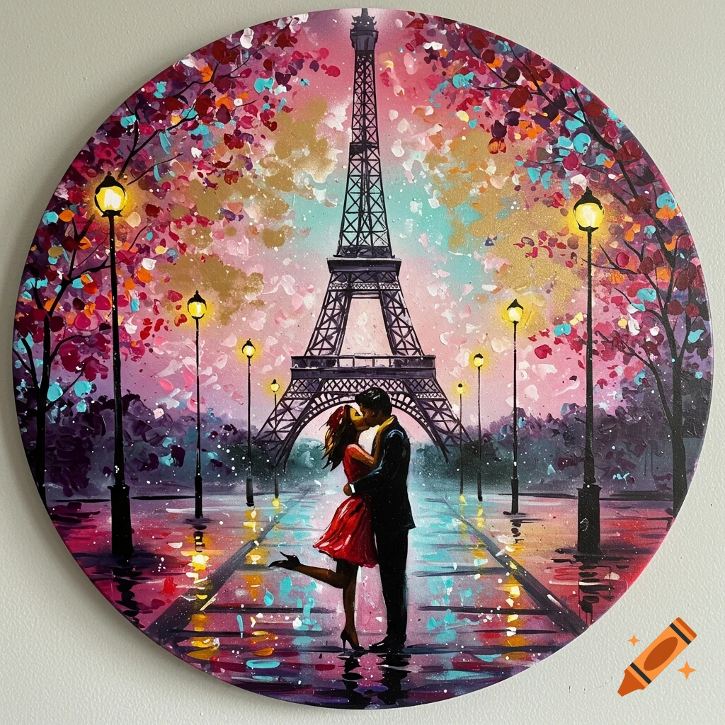 Colorful spray paint art of a couple kissing under the Eiffel Tower in Paris, surrounded by bright trees and glowing streetlights.