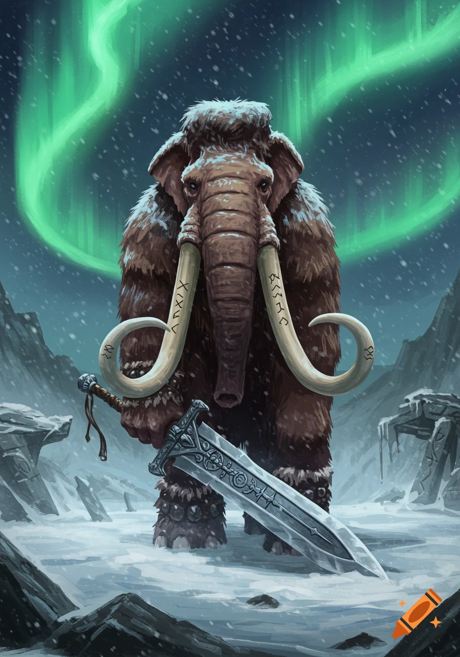 A furry mammoth barbarian holding a greatsword stands in a snowy, mountainous landscape under a green aurora borealis.
