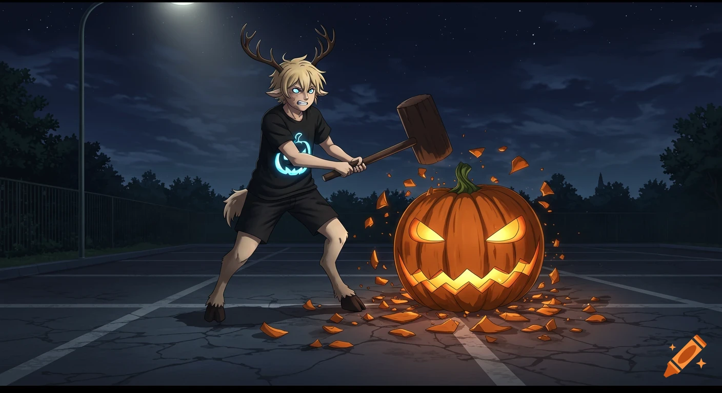An anime blond satyr with antlers and hooves smashes a glowing jack-o'-lantern with a mallet in a dark parking lot.