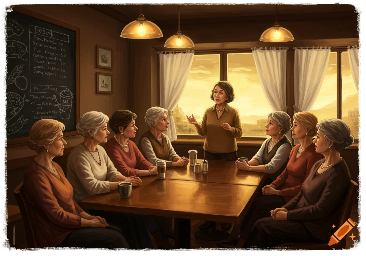 Digital illustration of mature women sitting at a table in a coffee shop, one speaking while others listen.
