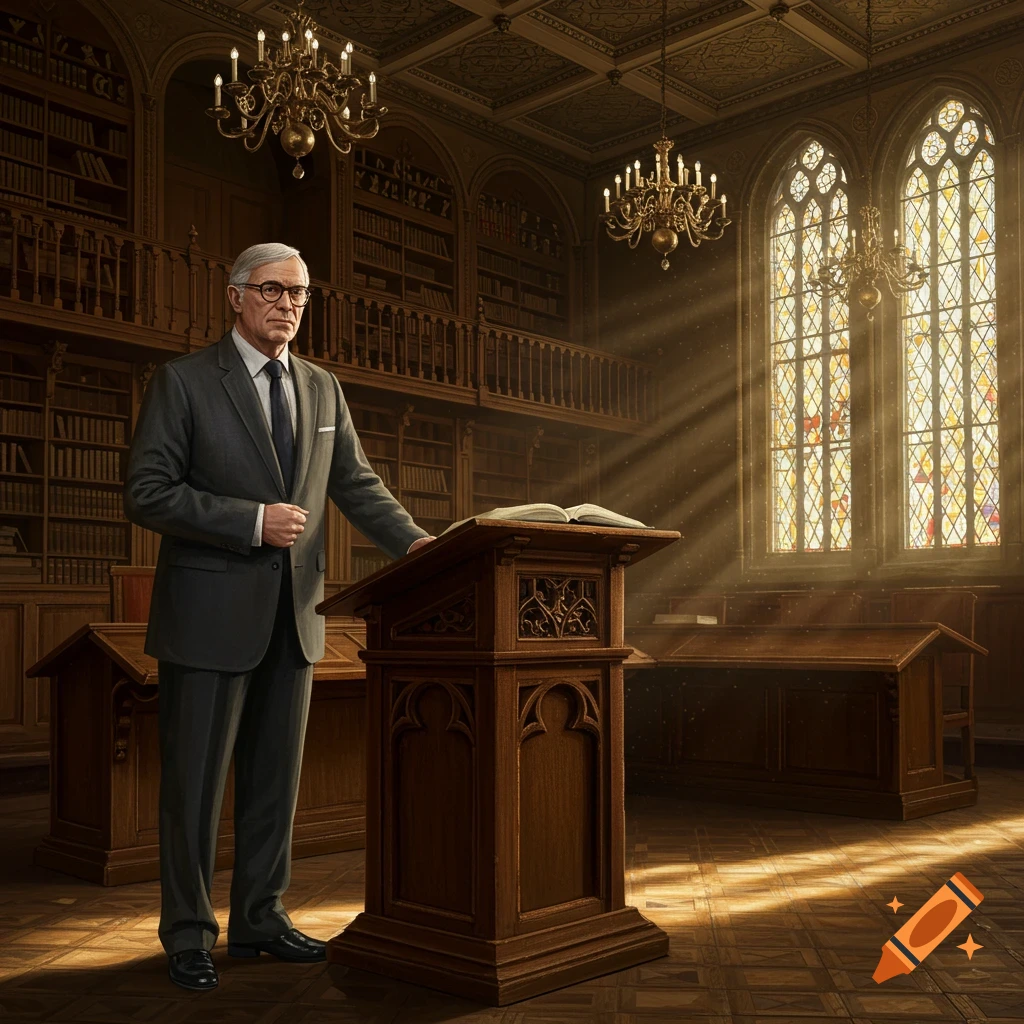 A distinguished older man in a suit stands at a wooden lectern with an open book in a grand, sunlit library with stained glass windows.