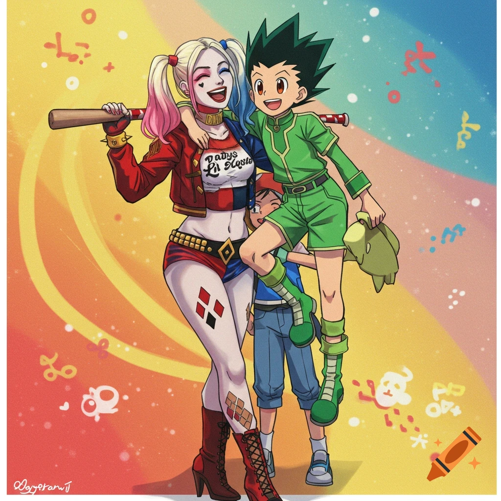 Harley Quinn, Gon Freecss, and Ash Ketchum are depicted in a vibrant, stylized cartoon illustration. Harley Quinn in her classic red and blue outfit holds a baseball bat over her shoulder, smiling broadly. Gon Freecss in his green outfit stands next to her, also smiling, with his arm around her shoulder. Ash Ketchum is partially visible behind them. The background is a colorful gradient with scattered cartoon shapes.
