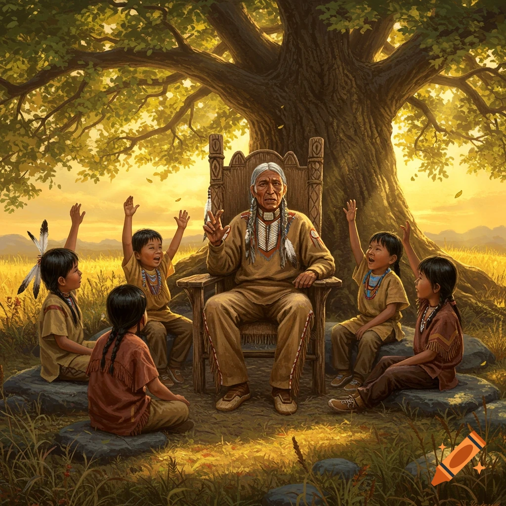 An old Indigenous man tells stories to five children under a large tree in a golden field, some raising hands. Realistic art.