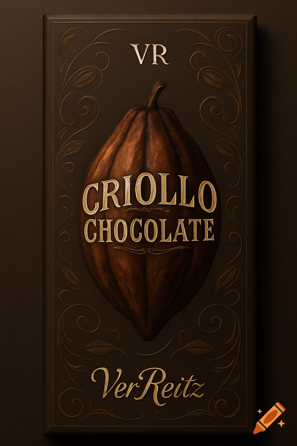 Dark brown chocolate bar packaging with gold text 'VR Criollo Chocolate VerReitz' and a cocoa pod illustration.