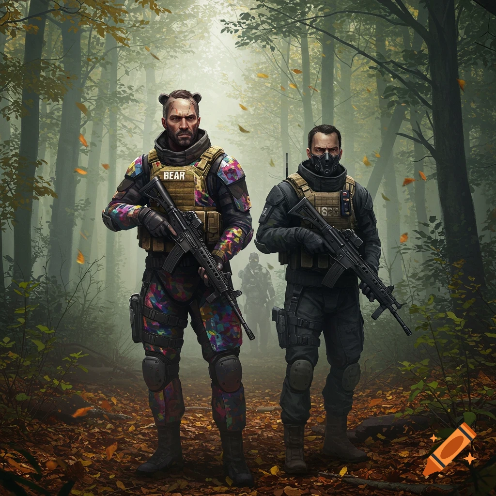 Two armed soldiers, one in colorful camouflage and one in dark tactical gear with a gas mask, stand in a misty forest with autumn leaves.