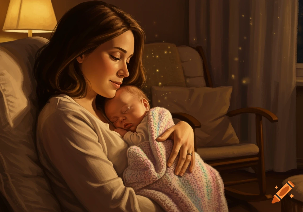 A serene mother gently holds her sleeping baby, wrapped in a colorful blanket, in a warmly lit room.
