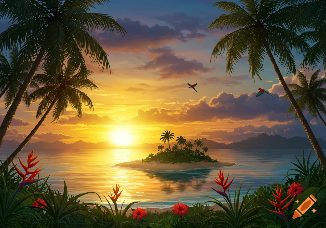 A vibrant tropical sunset painting with an island, palm trees, colorful flowers, and parrots flying over the ocean.