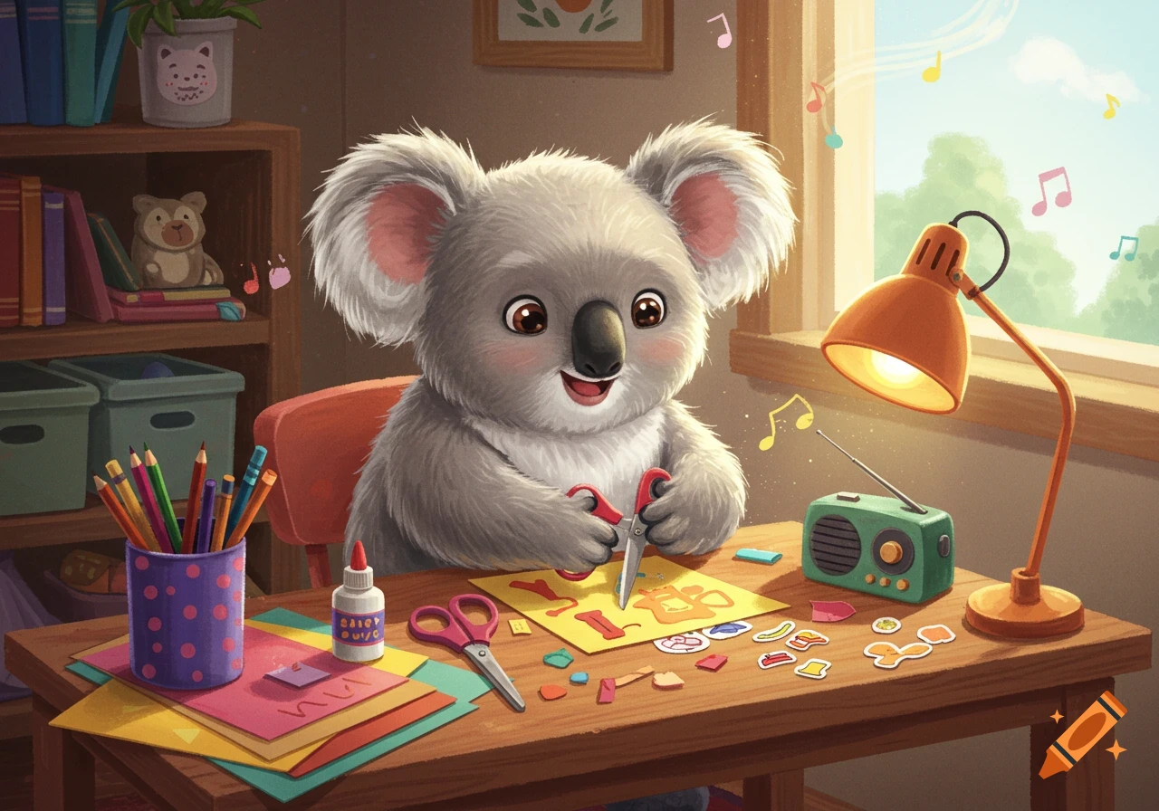 A cute cartoon koala crafting with paper, scissors, and glue at a wooden desk, with a radio playing music nearby.
