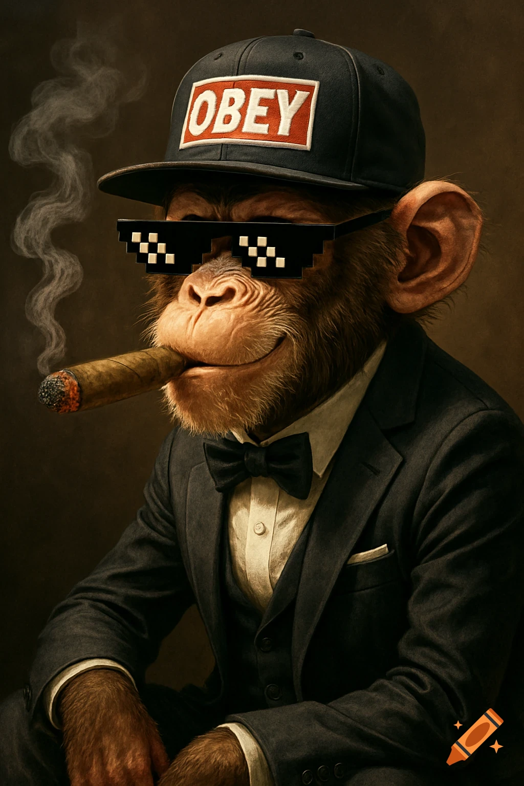 A photorealistic monkey wearing a black tuxedo, bow tie, pixelated sunglasses, and an 'OBEY' cap, smoking a cigar.
