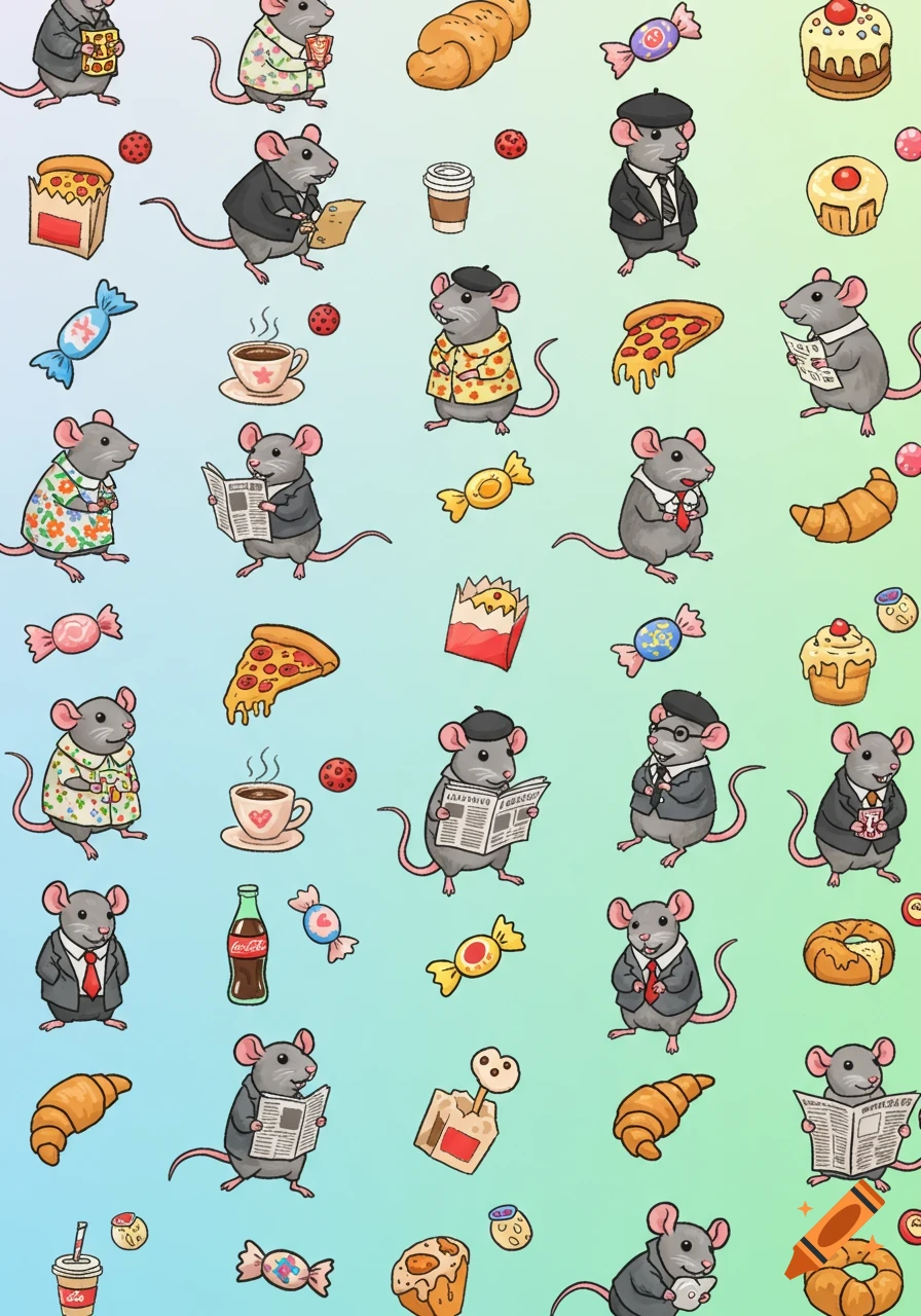 A repeating pattern of cartoon rats in various outfits, eating, reading newspapers, with pizza, coffee, candy, soda, and croissants on a blue-green background.