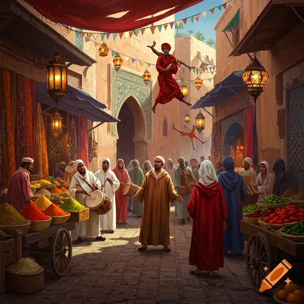 A bustling North African market street scene with people, spice stalls, drummers, and performers floating in the air under festive lanterns.