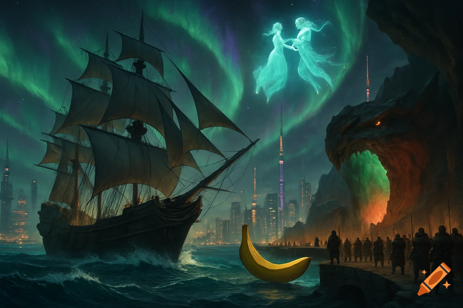 An epic fantasy scene with a dark pirate ship on a stormy sea, two ethereal figures waltzing in an aurora-lit sky, a futuristic city, a dragon-head cave, warriors, and a giant banana floating in the water.