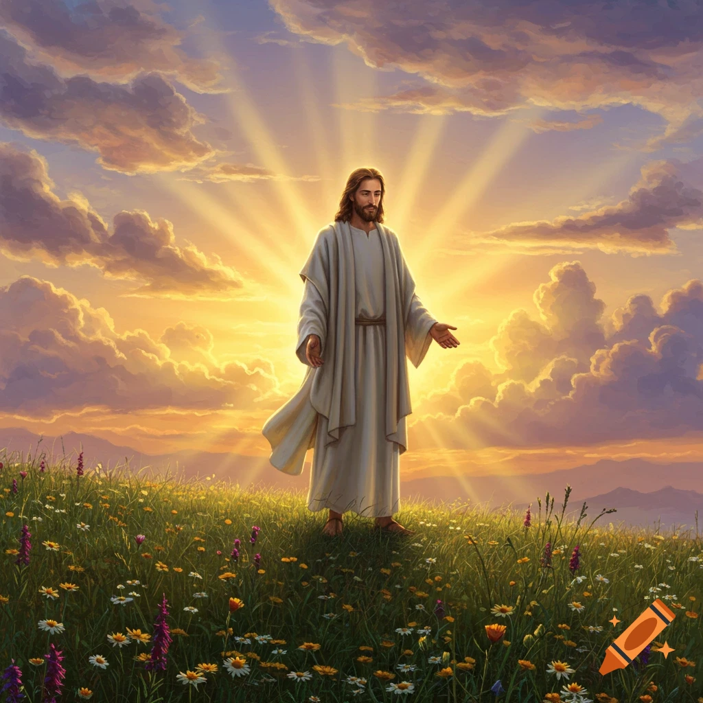 Jesus Christ stands in a vibrant flower field under a radiant sunset with dramatic clouds, bathed in light.
