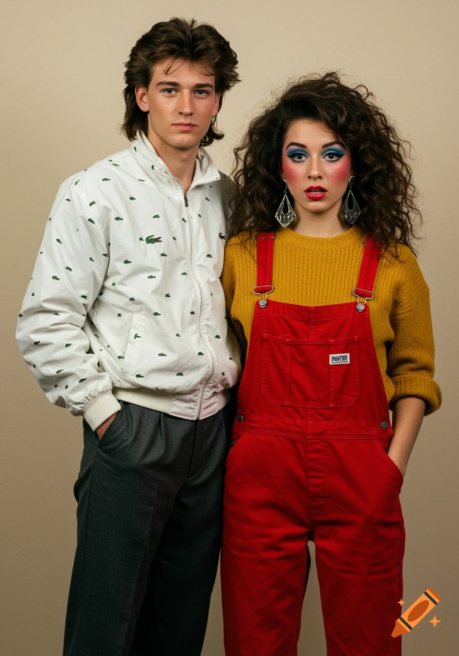 A man in a white Lacoste jacket and grey pants stands next to a woman in red overalls and a yellow sweater. Both have 80s hairstyles and makeup. Studio shot.