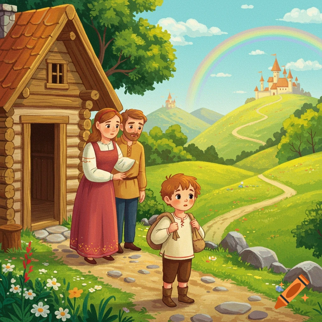 Storybook illustration of a boy with a backpack on a path, looking ahead, as his parents sadly watch from a wooden house. A castle and rainbow are in the hilly background.