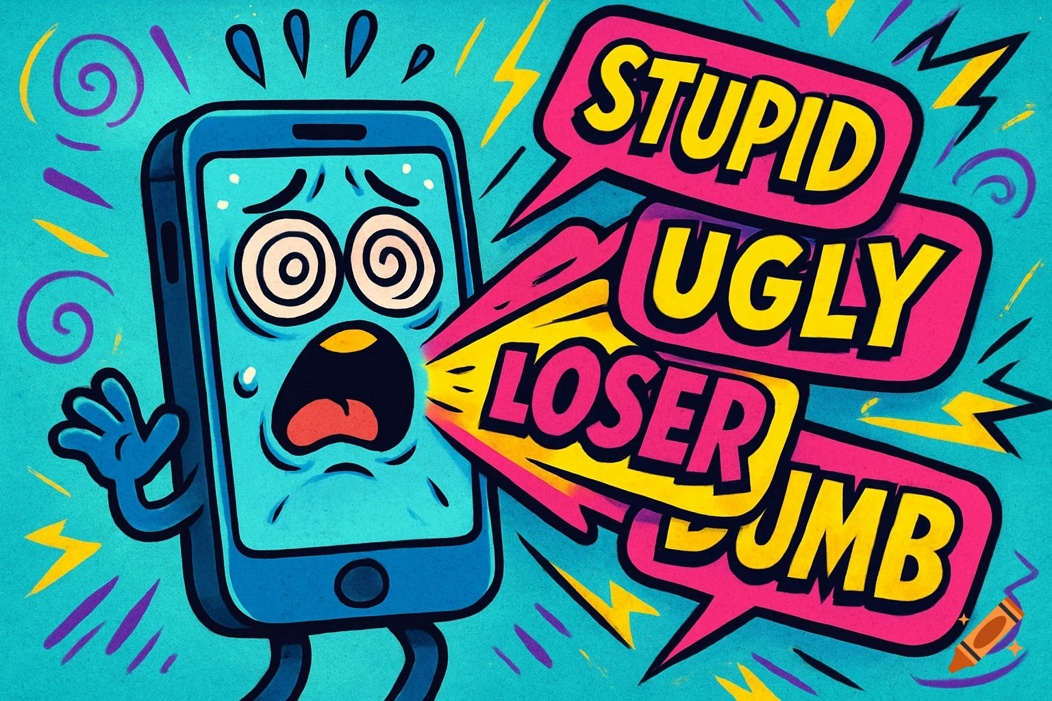 A distressed cartoon smartphone with "STUPID", "UGLY", "LOSER", "DUMB" speech bubbles coming out, depicting cyberbullying.