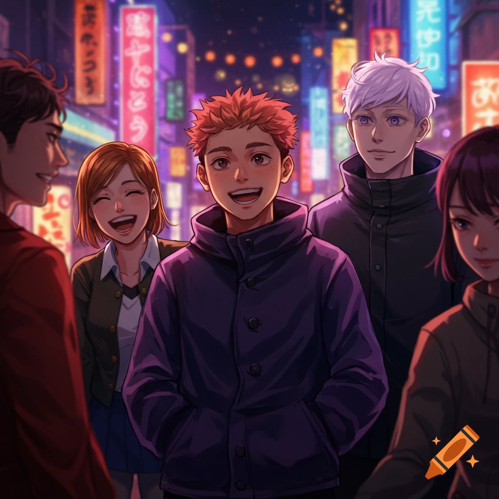 Anime-style characters smiling on a neon-lit city street at night.