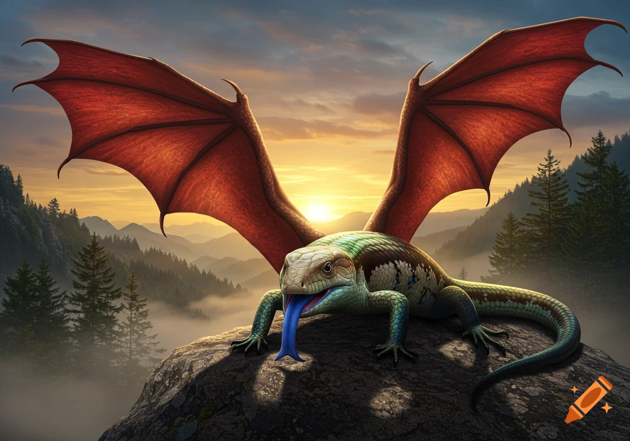 A blue-tongued skink with red dragon wings perches on a rocky peak, its blue tongue flicking, against a sunset mountain landscape.