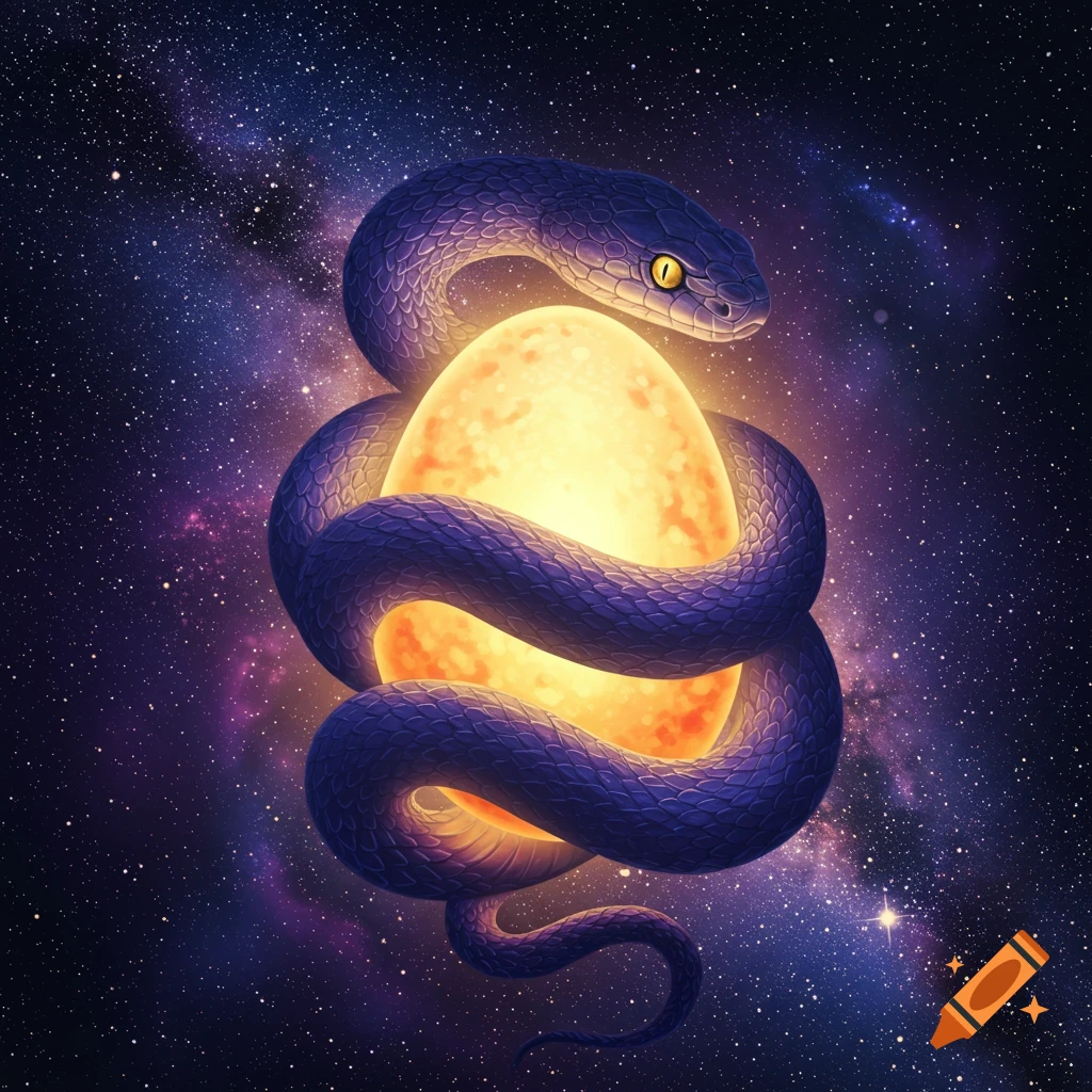 A purple snake with yellow eyes wrapped around a glowing yellow-orange egg in a cosmic starry galaxy.