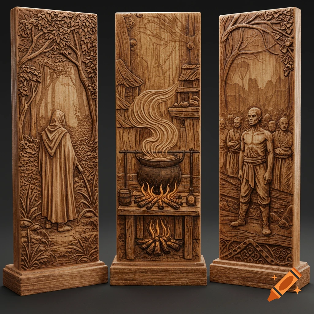 Three realistic wood carvings: a cloaked figure in a forest, a cauldron over a fire, and a man facing a crowd.
